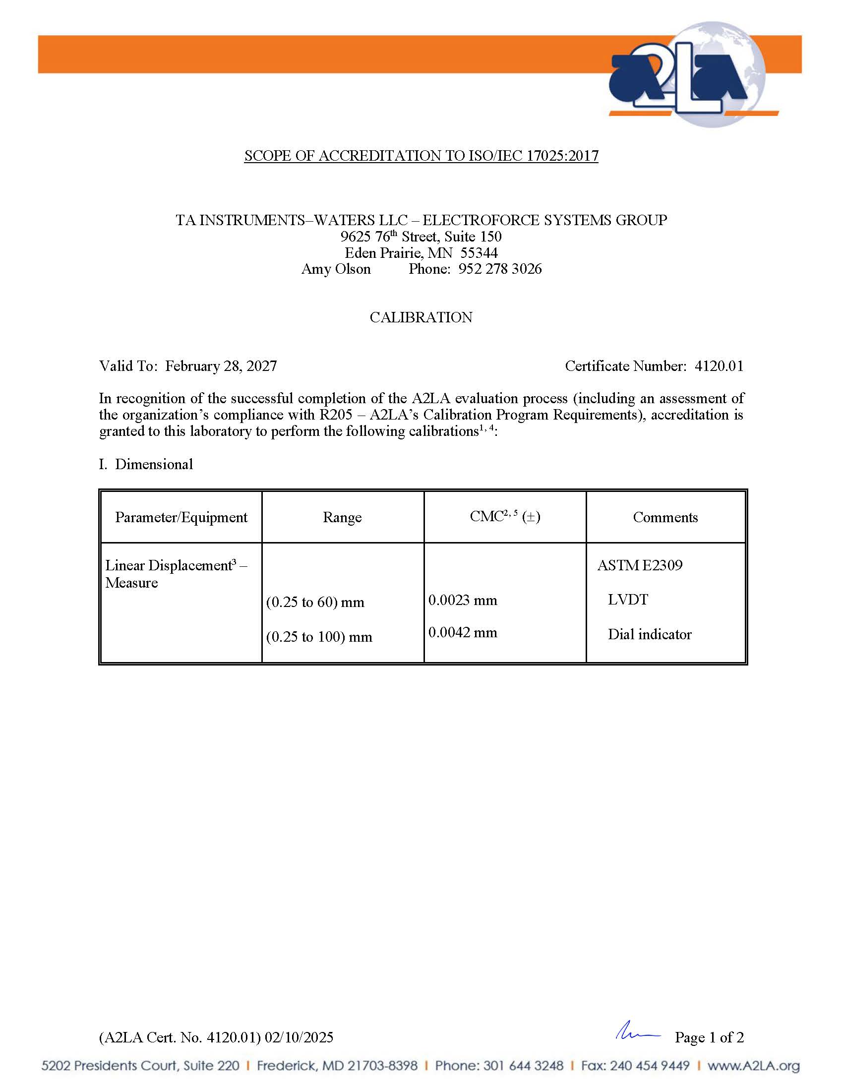 TA Instruments ElectroForce 认证范围