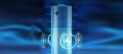Battery-solutions-web-banner Futuristic blue energy storage tower with glowing rings around it and a lightning bolt symbol, symbolizing power.