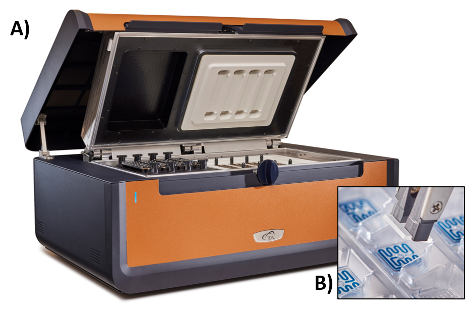 MC178-Figure-01-20Feb24 - TA仪器 Figure 1. A) TA Instruments RS-DSC and B) disposable microfluidic chip (MFC) and cover slip.