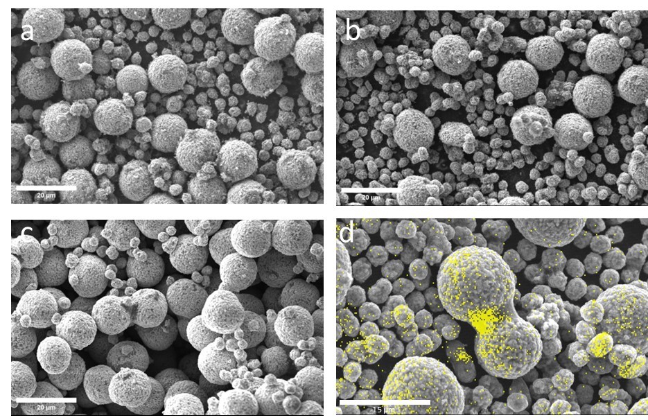 RH136-Figure-02-05Feb24 - TA仪器 Figure 2. Scanning Electron Microscopy (SEM) of 96:3:1 (a), 96:2:2 (b), and 96:1:3 (c). EDS map of carbon content bridging particles in the 96:1:3 powder (d).