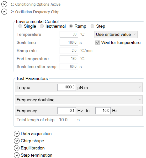 Figure 1. Frequency Chirp ramp experimental setup. A conditioning options step is included before the chirp for axial force control and auto-strain.