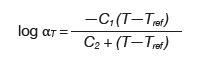 Formula: log α_T = -C1 (T - T_ref) / [ C2 + (T - T_ref) ], showing a temperature-dependent relation with constants C1, C2, and reference temperature T_ref.