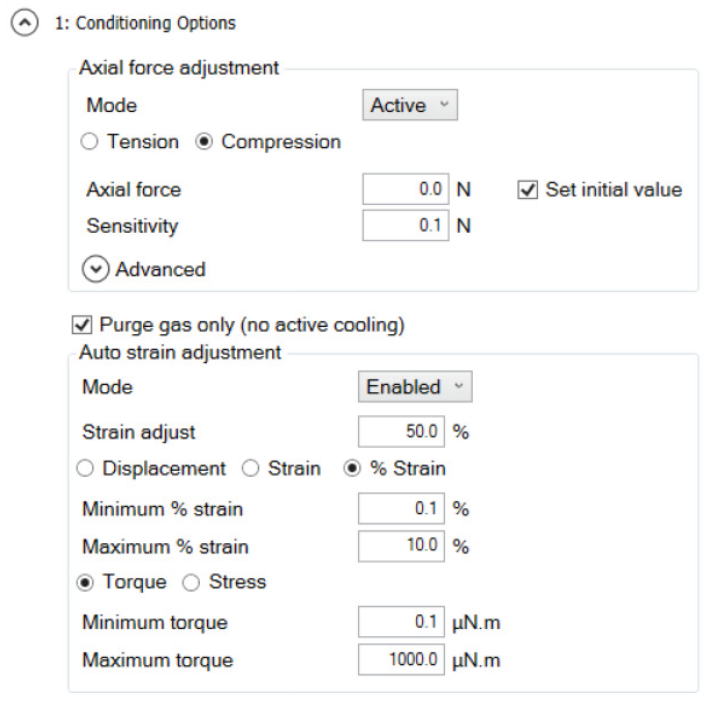Figure 1. Conditioning Options step to control axial force and auto-strain for the Frequency Chirp step