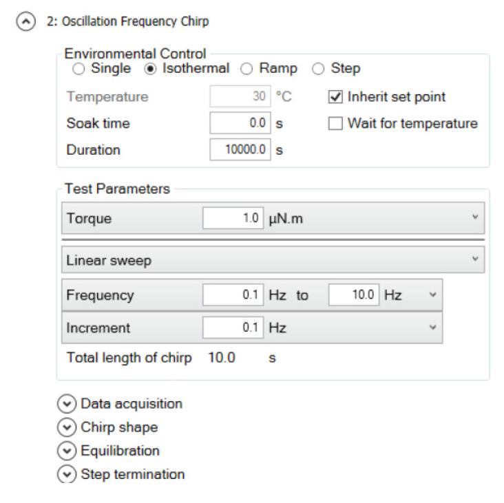 Figure 2. Frequency Chirp step for Epoxy A. This step is created with the intent of starting as soon as possible so no soak time and no wait for temperature are used.