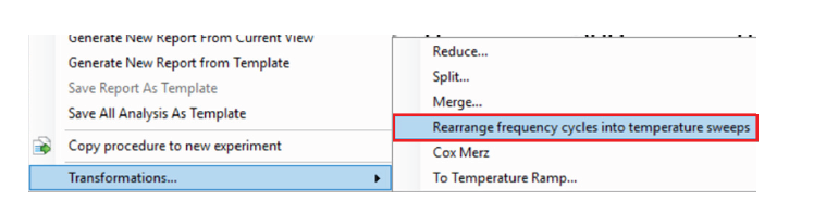 Figure 4. Right-click on the file in the File Manager in TRIOS™ Software, then navigate to transformation from frequency cycles to frequency vs. time.