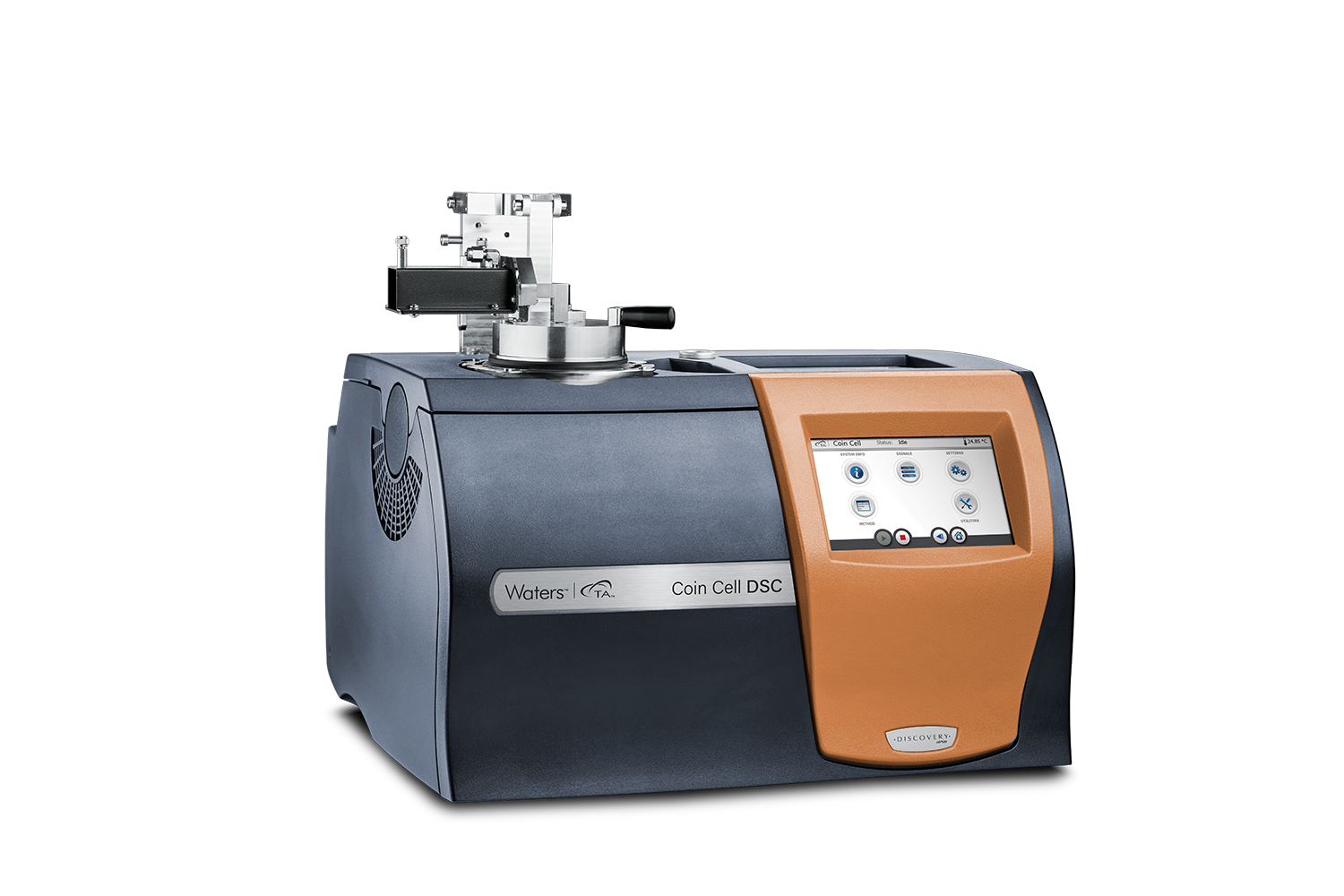 DSC coin cell calorimeter with orange front panel and touchscreen display, labeled 'Coin Cell DSC' by Waters; used for thermal analysis of coin cells at a lab bench