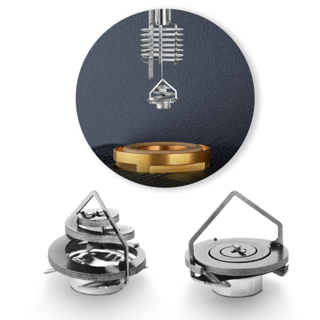 TA仪器TGA Smart-Seal™样品盘密封状态（左下图）、打开状态（右下图）以及在样品架中（上图）准备进入TGA