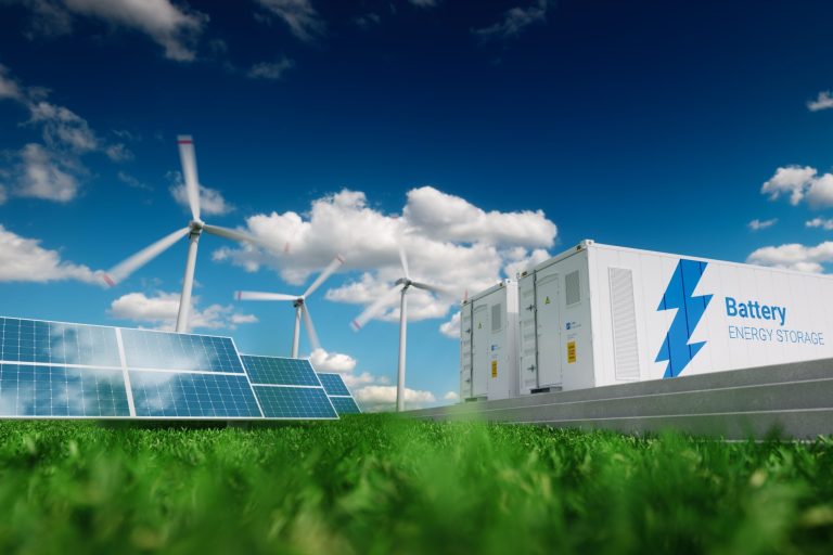 Concept of energy storage system. Renewable energy – photovoltaics, wind turbines and Li-ion battery container in fresh nature. 3d rendering.